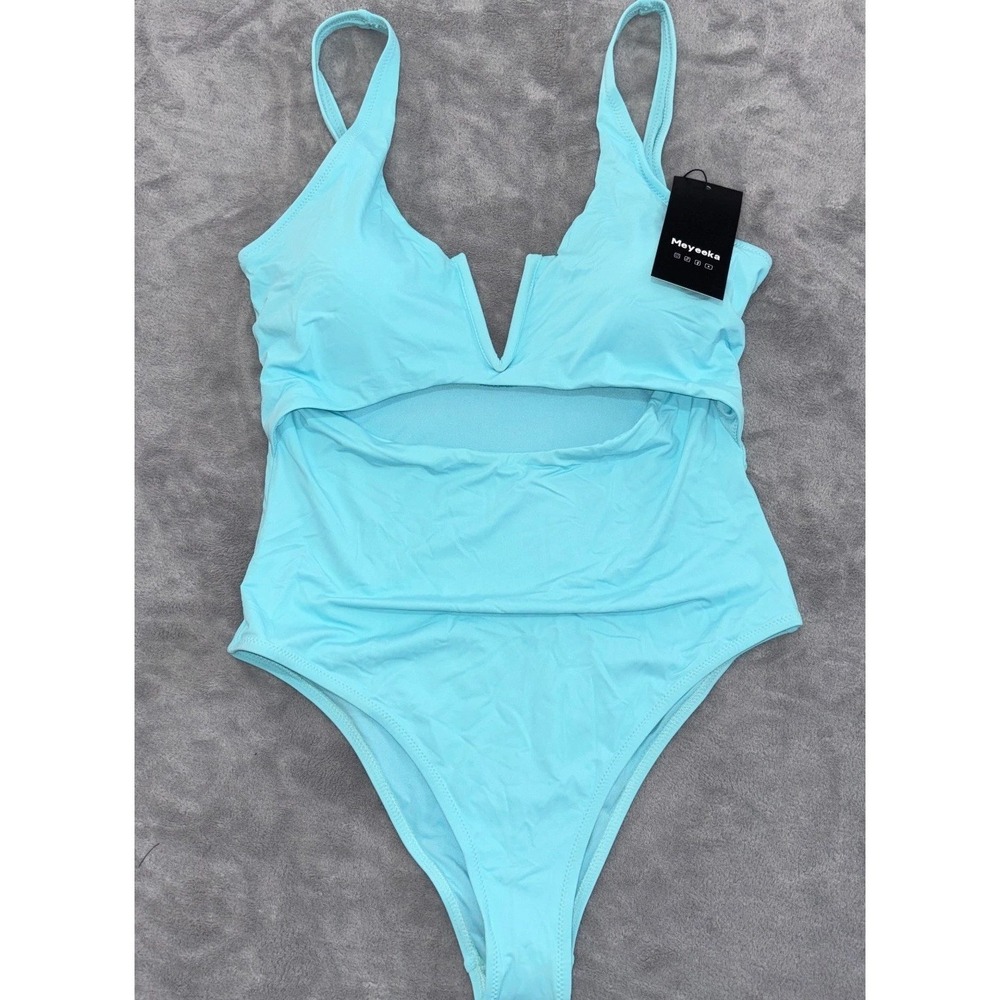 Womens Large Blue Cutout Swimsuit Meyeeka Monokini High Cut One Piece V Neck